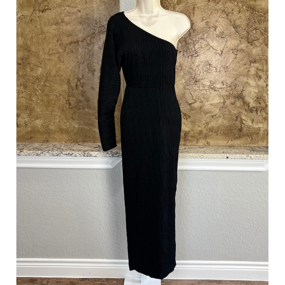 NWT ASOS One Shoulder Maxi Dress Sz 4 Black Plisse Metallic Stretch Evening